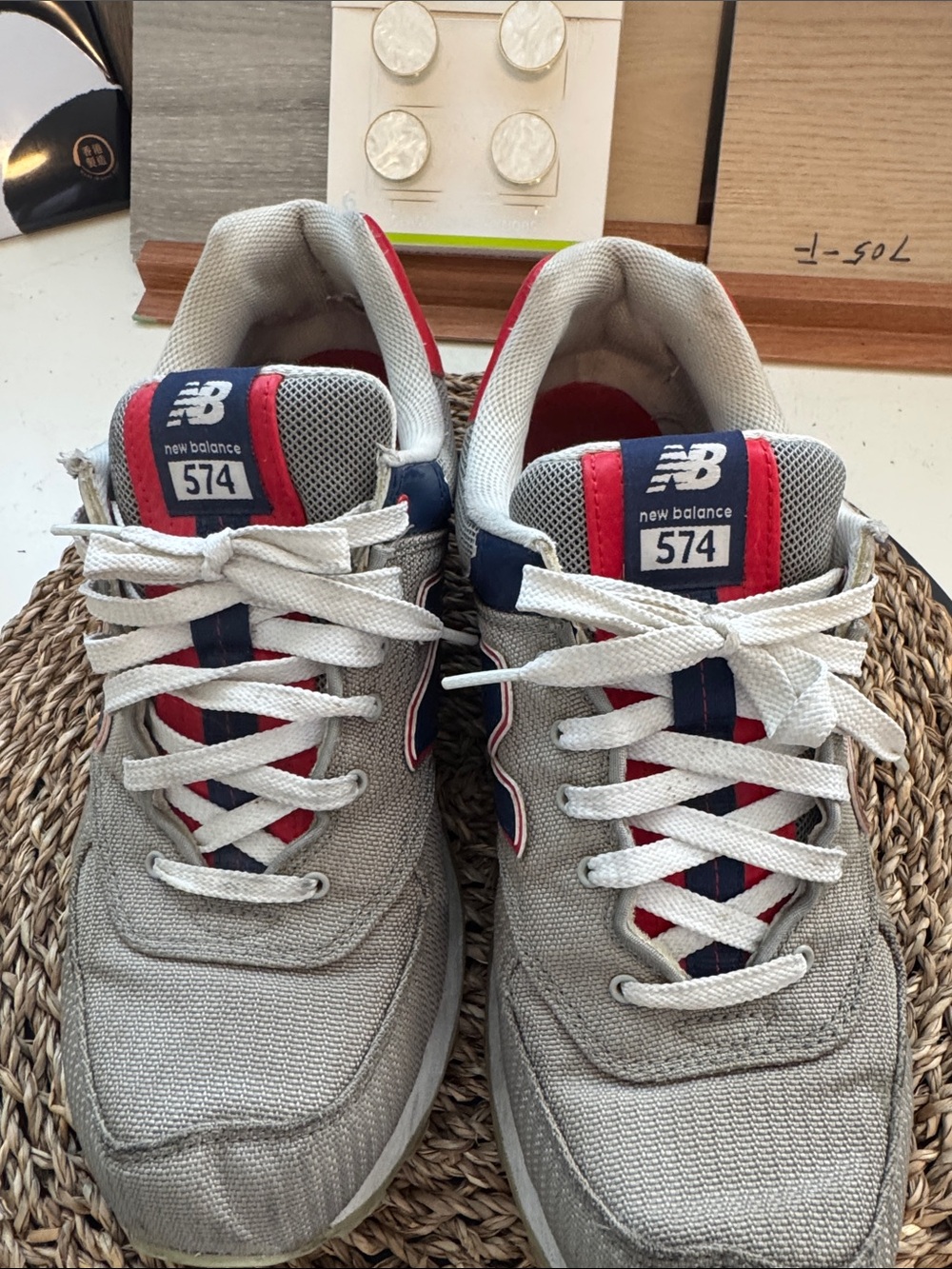 Sooo handsome New Balance Men's 574 Sneakers in Gray with Navy & Red Highlights - Picture 2 of 6